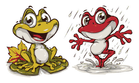 This illustration features two charming hand-drawn cartoon frogs, one yellow and one red, showcasing playful expressions and engaging poses in a vibrant, whimsical style.のイラスト素材