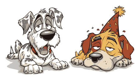 Illustrative artwork featuring two cartoon dogs with unique expressions, one happy and the other tired, perfect for playful and cheerful designs.のイラスト素材