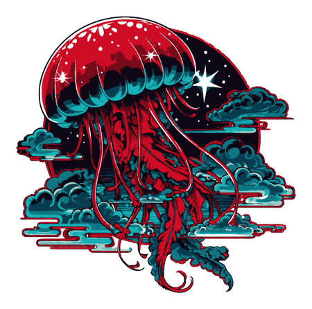 A striking jellyfish silhouette featuring vibrant colors and cosmic elements, set against a dreamy night sky with swirling clouds and stars. Perfect for stunning art displays.のイラスト素材