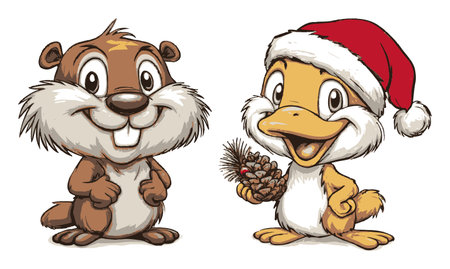 Vibrant cartoon illustration featuring a cheerful beaver and duck in festive attire, perfect for holiday themes and cheerful seasonal designs.のイラスト素材