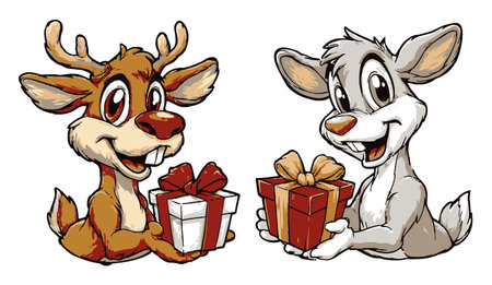 Adorable hand-drawn cartoon illustration features a reindeer and a bunny holding colorful presents, perfect for festive themes and celebrations.のイラスト素材