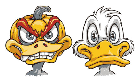 Hand-drawn cartoon illustration featuring a pumpkin-headed duck and an angry duck. Perfect for Halloween-themed projects or playful designs.のイラスト素材