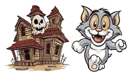 A vibrant cartoon illustration featuring a cheerful cat running excitedly next to a spooky haunted house with a skull. Perfect for Halloween themes and children's content.のイラスト素材