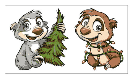 Two adorable cartoon animals showcase hand-drawn charm in festive poses. One holds a tree, while the other is playfully wrapped in lights, perfect for holiday themes.のイラスト素材
