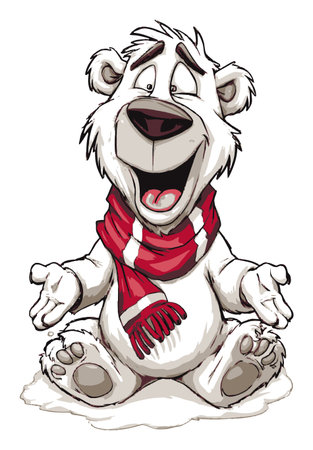 Adorable hand-drawn cartoon of a happy polar bear sitting with a red scarf. The cheerful character radiates joy and warmth, perfect for winter themes.のイラスト素材