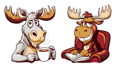 A charming illustration featuring two playful cartoon moose characters, one enjoying coffee and the other reading a book, perfect for fun designs.のイラスト素材