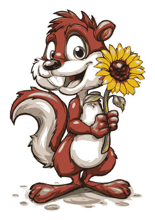This cheerful cartoon squirrel character holds a bright sunflower, showcasing a playful and vibrant design. Perfect for nature and fun-themed projects.のイラスト素材