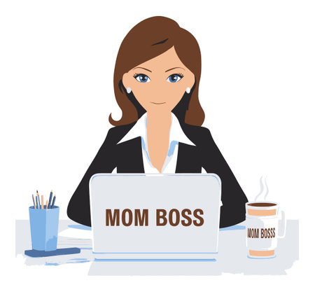 A stylish illustration of a confident woman working as a boss at her office desk, engaging with a laptop and enjoying coffee. Ideal for themes of empowerment and success.のイラスト素材