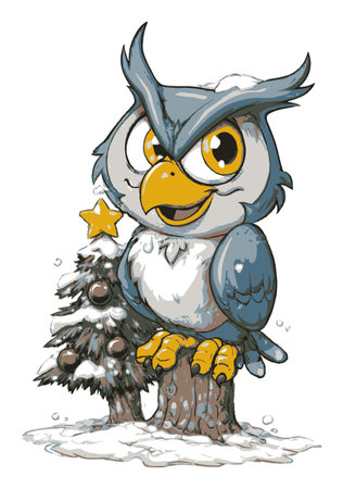 This cheerful cartoon owl stands proudly on a tree in a snowy setting. With a festive star and a playful expression, it's perfect for winter-themed designs.のイラスト素材