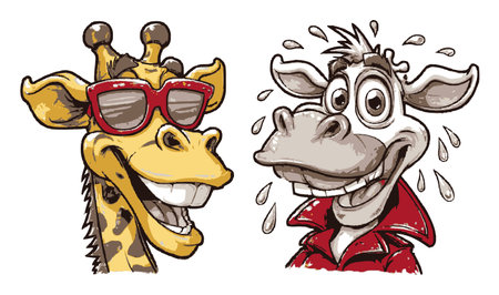 Discover a vibrant illustration featuring a joyful giraffe and a cheerful cow, each character bursting with personality and charm. Perfect for any playful project!のイラスト素材