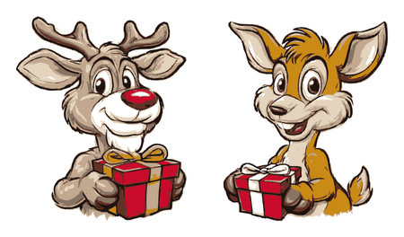 Adorable cartoon reindeer and deer holding colorful gifts, perfect for holiday illustrations. Capture the festive spirit with this cheerful artwork.のイラスト素材