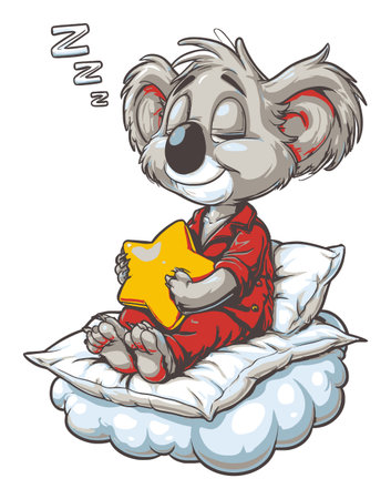 This adorable cartoon koala sleeps peacefully on a fluffy cloud, holding a plush star. A delightful illustration perfect for childrens themes, bedtime stories, and playful designs.のイラスト素材