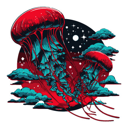 Stunning silhouette illustration of jellyfish in vibrant colors, floating against a whimsical starry night backdrop, perfect for art prints and modern decor.のイラスト素材