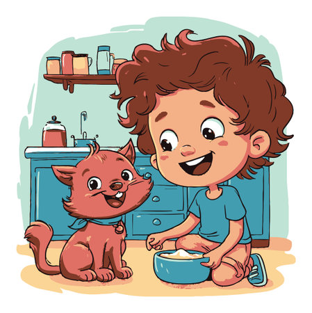 A vibrant cartoon illustration of a happy child feeding a playful cat in a cozy kitchen. This colorful artwork captures a joyful moment of friendship and care.のイラスト素材
