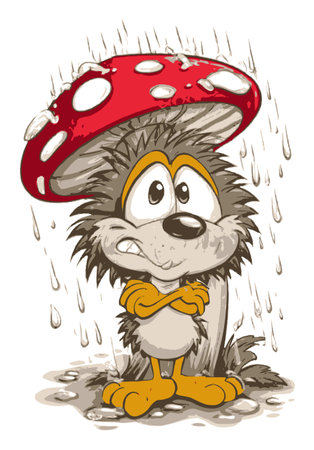A charming cartoon hedgehog taking refuge under a large red mushroom in the rain. The illustration captures the whimsical nature of this cute character, perfect for playful designs.のイラスト素材