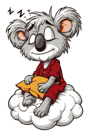 This charming cartoon koala peacefully sleeps on a fluffy cloud, hugging a pillow. Its dreamy expression and cozy setting evoke feelings of warmth and serenity.のイラスト素材