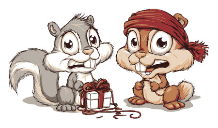 This charming hand-drawn illustration features two cute cartoon animals, a squirrel and a chipmunk, joyfully interacting with a gift.のイラスト素材