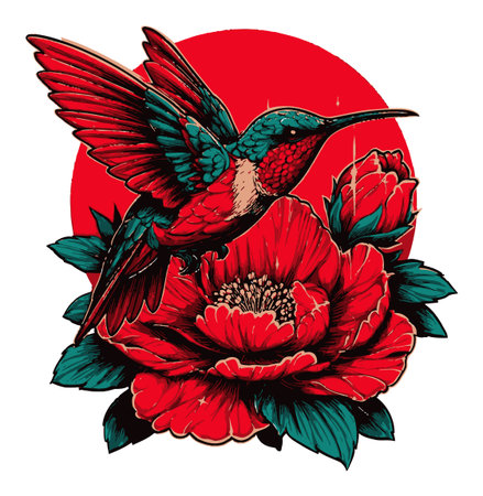 A captivating illustration depicting a colorful hummingbird hovering over a vibrant flower. This art piece showcases a striking silhouette against a bold red background, perfect for nature enthusiasts.のイラスト素材