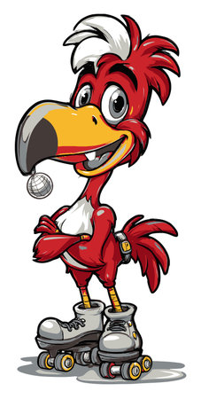 This colorful cartoon bird character, standing confidently in roller skates, radiates fun and happiness with its playful demeanor and vibrant colors.のイラスト素材