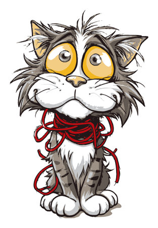 Adorable hand-drawn cartoon cat features large expressive eyes and a playful demeanor. Fun character with red string invites creativity and humor. Perfect for various projects.のイラスト素材