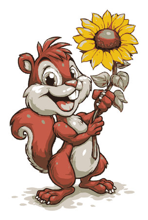 A cheerful cartoon squirrel character happily holds a bright sunflower, showcasing a playful personality with a vibrant and colorful design. Perfect for children's projects.のイラスト素材