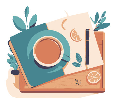 A charming vector illustration featuring a coffee cup, lemon slices, and a notebook on a wooden tray, enhancing a cozy and creative workspace atmosphere.のイラスト素材