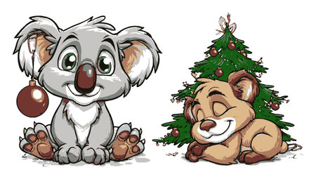 This vibrant illustration features a joyful koala and a playful bear beside a beautifully decorated Christmas tree, capturing the fun and warmth of the holiday season.のイラスト素材