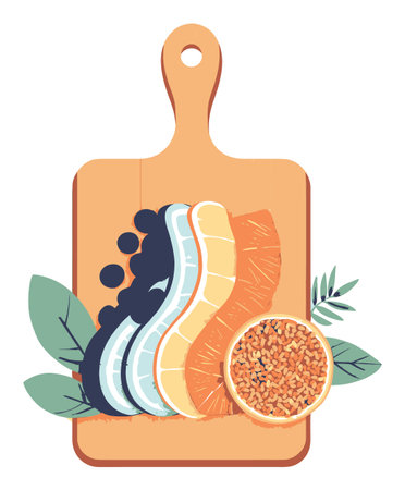 This vibrant cartoon vector illustration features a beautiful arrangement of fresh fruits on a wooden board, ideal for healthy eating themes.のイラスト素材