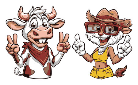 Colorful hand-drawn cartoon characters of a cheerful cow and a playful cat giving peace signs, ideal for fun graphics, kids' materials, or farm-themed projects.のイラスト素材