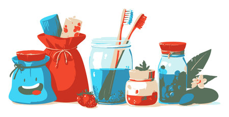 This vibrant cartoon illustration features an array of skincare and beauty products in jars and bags, perfect for wellness themes and self-care concepts.のイラスト素材