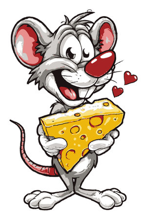 This charming hand-drawn cartoon features a playful mouse holding a piece of cheese, surrounded by hearts, radiating joy and cuteness.のイラスト素材