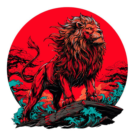 A striking illustration of a lion in silhouette, highlighted with vibrant colors and intricate details against a dynamic background, embodying strength and majesty.のイラスト素材