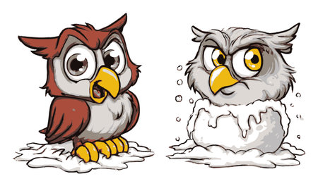 Explore these charming hand-drawn cartoon owls enjoying a snowy backdrop. Each illustration portrays playful expressions, perfect for winter-themed designs or fun projects.のイラスト素材