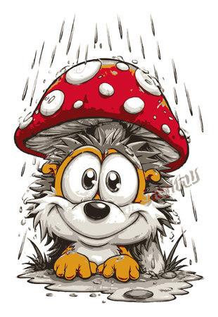 This charming cartoon features a cute hedgehog sitting under a vibrant red mushroom, looking joyful despite the rain. A whimsical and colorful illustration perfect for childrens content.のイラスト素材