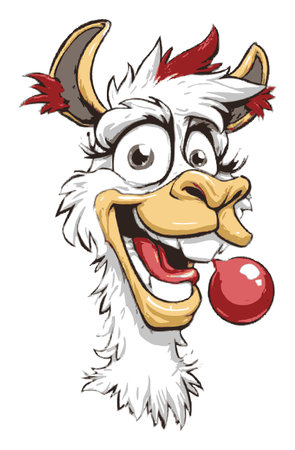 Colorful hand-drawn cartoon goat with a playful expression, holding a red ball. This cheerful character radiates joy and whimsy, perfect for creative projects.のイラスト素材