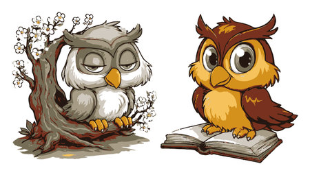 Charming hand-drawn cartoon owls sit among trees and books, perfect for creative projects. Ideal for educational materials, children's books, or creative designs.のイラスト素材