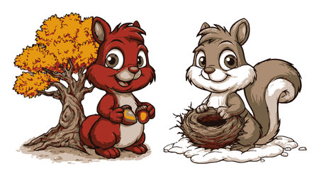This charming hand-drawn cartoon features two cute squirrels with a colorful autumn tree and a cozy nest, perfect for children's decor or playful illustrations.のイラスト素材