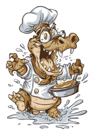 This vibrant cartoon chef character, complete with a chef hat and apron, showcases a playful demeanor while preparing food. Ideal for whimsical culinary themes.のイラスト素材