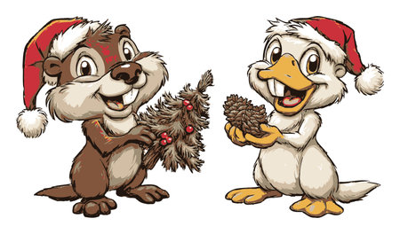 Two adorable cartoon characters in festive hats share a joyful moment with holiday decorations, bringing cheer and fun during the winter season. Perfect for festive themes!のイラスト素材