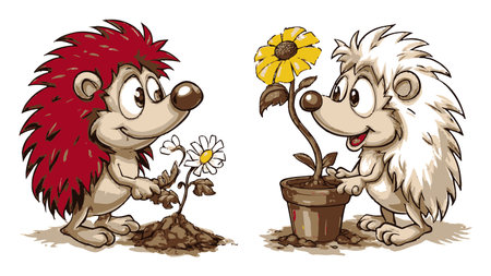 Two cheerful cartoon hedgehogs engage in gardening, planting flowers with a whimsical touch. Perfect for themes of nature, friendship, and creativity.のイラスト素材