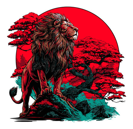 This striking illustration features a majestic lion silhouette against a vibrant red moon. The stylized trees enhance the dramatic scenery, making it a captivating artwork.のイラスト素材