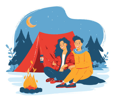 This vibrant cartoon illustration depicts two friends sitting by a cozy campfire under a moonlit sky. They enjoy a moment of relaxation and friendship in a scenic forest setting.のイラスト素材