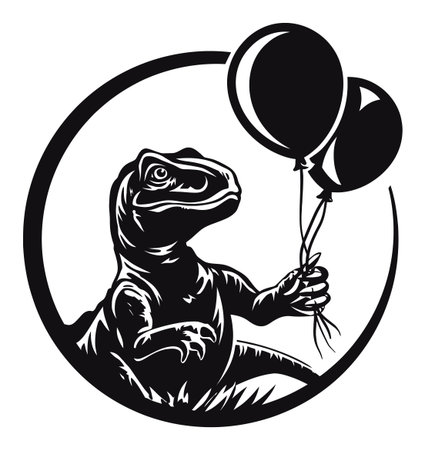 A charming engraving illustration of a dinosaur joyfully holding balloons, perfect for children's themes, parties, and playful decor.のイラスト素材