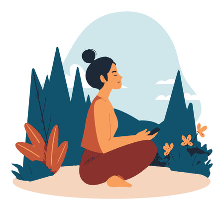 Discover a tranquil illustration of a woman meditating in nature, surrounded by mountains and butterflies. Perfect for wellness and mindfulness themes.のイラスト素材