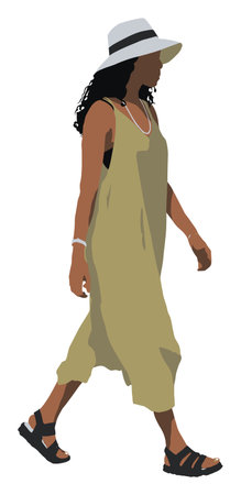This vector illustration features a stylish woman walking outdoors in summer attire, complete with a hat and sandals. Ideal for fashion and lifestyle themes.のイラスト素材