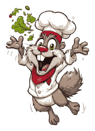 A vibrant cartoon chef squirrel joyfully tossing fresh vegetables in the air, showcasing a playful spirit. Perfect for food-related themes and playful designs.のイラスト素材