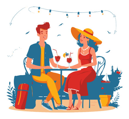 Enjoy a vibrant illustration of a couple sharing drinks at an outdoor cafe, capturing the essence of summer romance and joyful moments under the sun.のイラスト素材