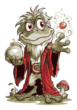 A whimsical cartoon frog wizard showcases a playful charm while juggling magical orbs. This colorful illustration captures a cheerful and imaginative spirit, perfect for fantasy themes.のイラスト素材