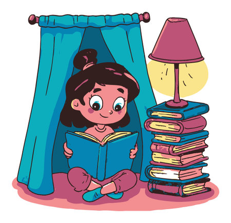 A charming cartoon illustration of a girl reading inside a cozy tent, surrounded by stacks of colorful books and a warm lamp, perfect for children's themes.のイラスト素材