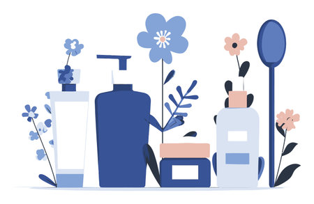 This colorful cartoon illustration features various cosmetic bottles surrounded by delicate flowers. Ideal for beauty and skincare themes, it exudes freshness and charm.のイラスト素材